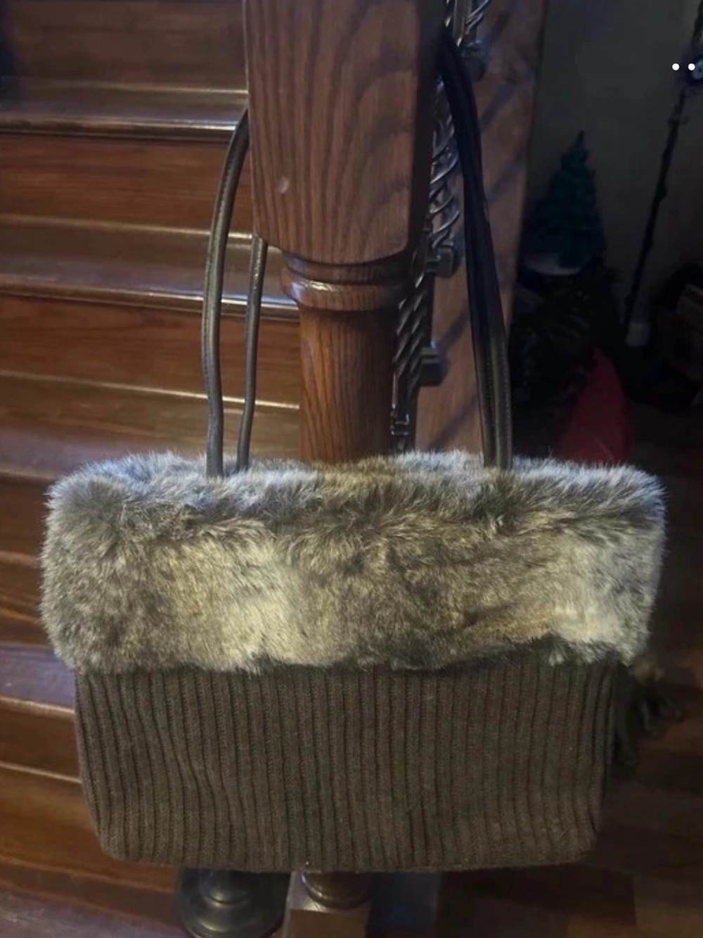 Lanzetti Fur Trim Brown Tote Bag with Leather Handles Made In Italy